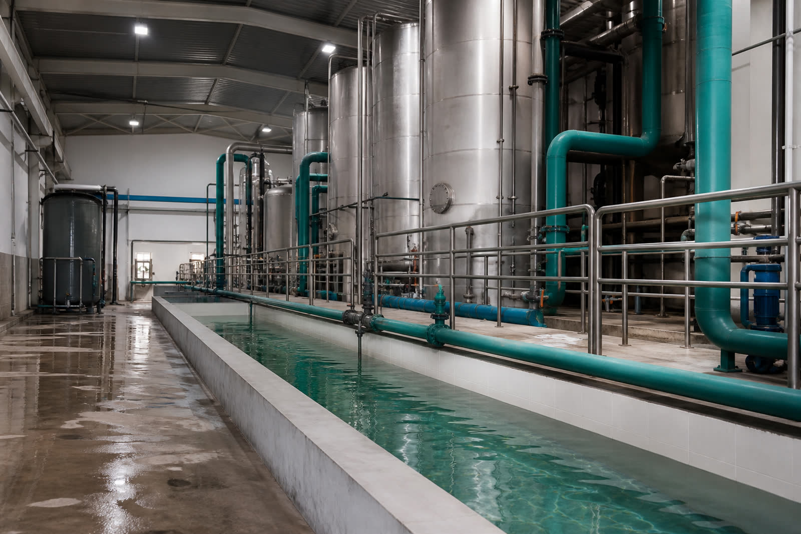 Sala industrial de tratamento de águas com tanques de aço (imagem ilustrativa, sem certificado associado)