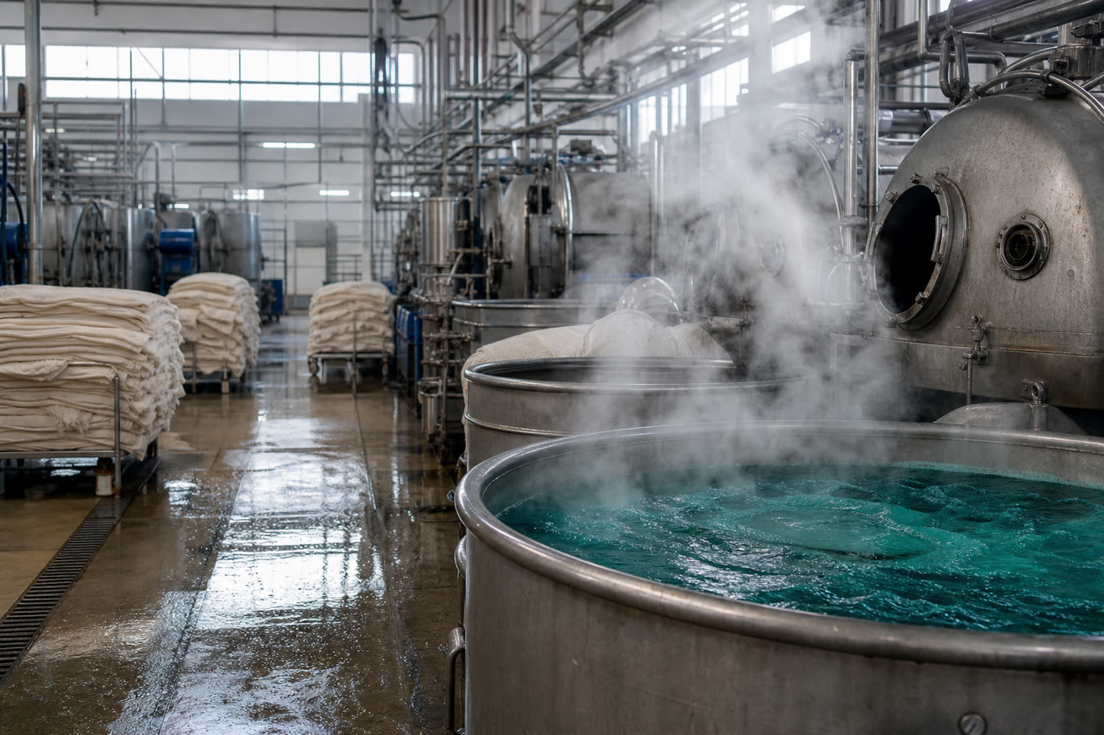 Piso industrial de tinturaria com cubas de aço e vapor (imagem ilustrativa do sector, não é a fábrica da Lavfafe)
