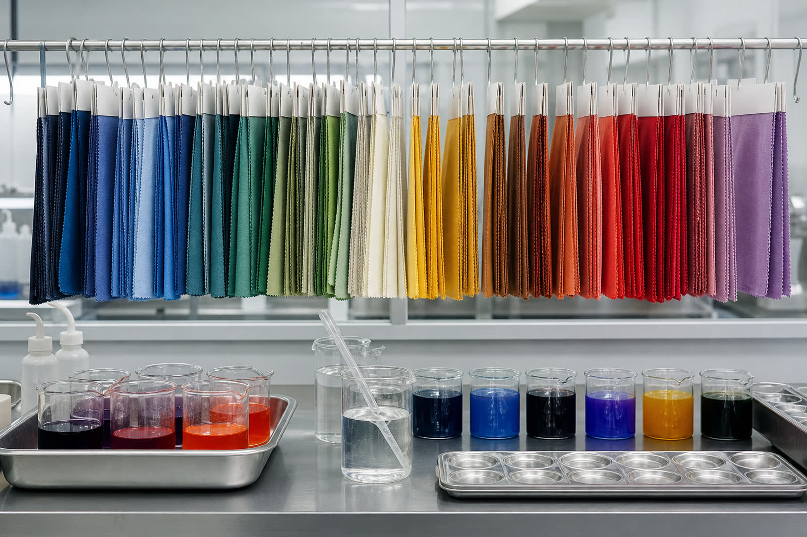 Bancada de laboratório têxtil com amostras de cor (imagem ilustrativa)