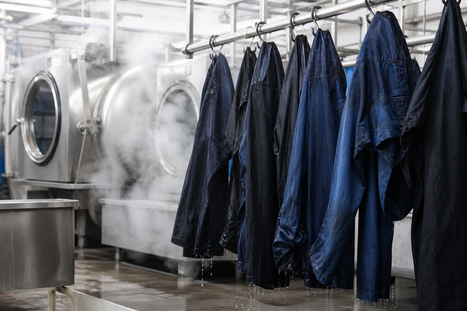 Lavandaria industrial com peças húmidas e vapor (imagem ilustrativa)